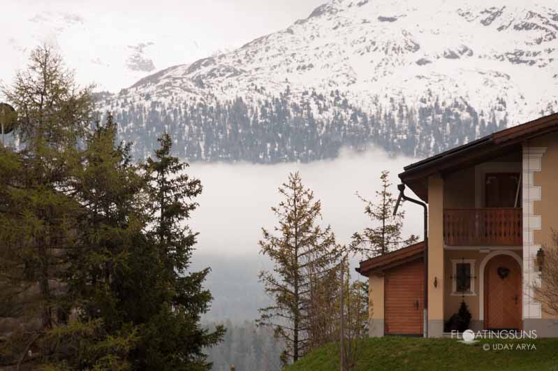 View of the Swiss alps from a balcony - in Samedan, Switzerland